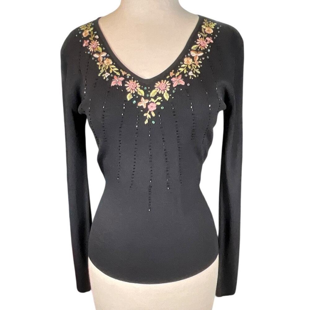 Vintage Felicity Black Ribbed Floral Embroidered Beaded Long Sleeve Size Medium